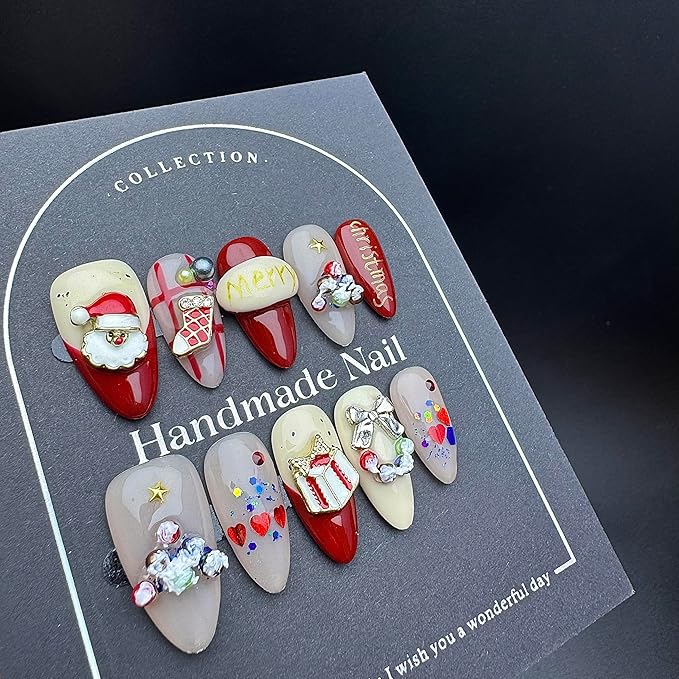 Christmas Handmade Press On Nails – 10pcs Medium Almond Fake Nails, 100% Handmade 3D Santa Claus Designs, Thick Gel Acrylic Full Cover False Nails for Women