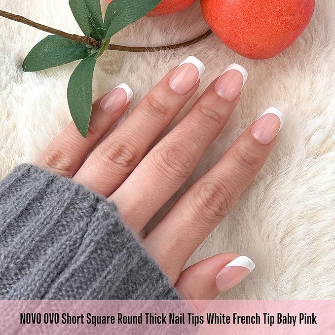 NOVO OVO Short Square Round White French Tip Nail Tips Press on BABY PINK, Extra Thick Full Cover False Fake Nails, Need Builder Gel Top Coat & Glue, for Salon DIY Acrylic Extension x 15 Sizes 240 pcs