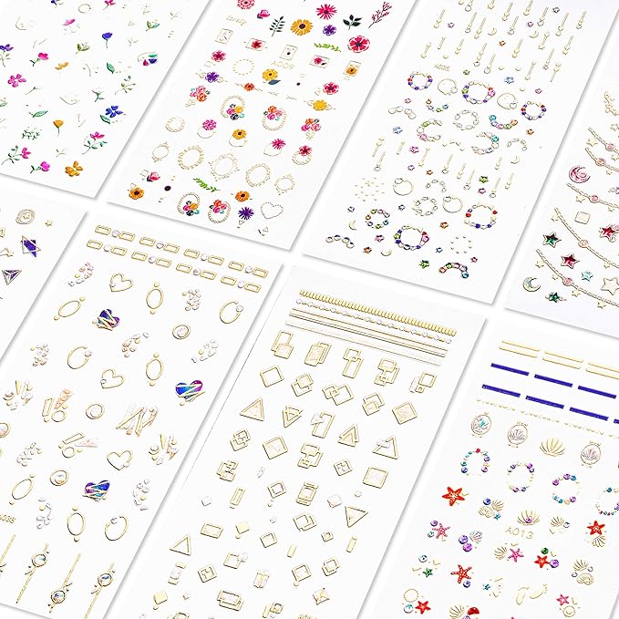 TailaiMei 3D Laser Bronzing Nail Decals, 300+ Pcs Glitter Self-Adhesive Stickers DIY Sparkle Nail Art Design (8 Large Sheets)