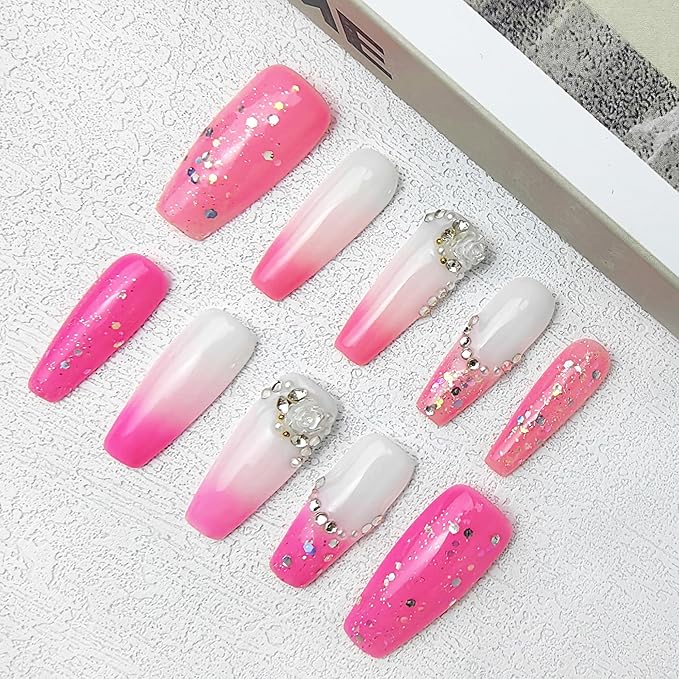 2025 Handmade Reusable Medium Pink Gradient Press-On Nails French Stickers Rhinestones Full Coverage Fake Nails for Women (Gradient Pink, Long)