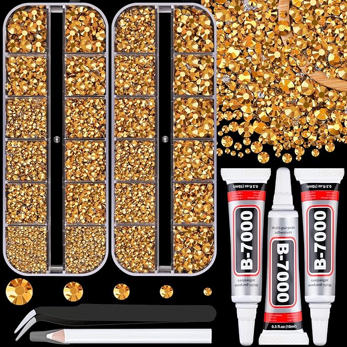 Resin Jelly Rhinestones for Crafting with B7000 Jewelry Glue, 2 Boxes Gold Flatback Crystals with 3Pcs 10ml Glue, Bedazzling Non Hotfix Gems for DIY Tumblers Clothing Shoes Manicure