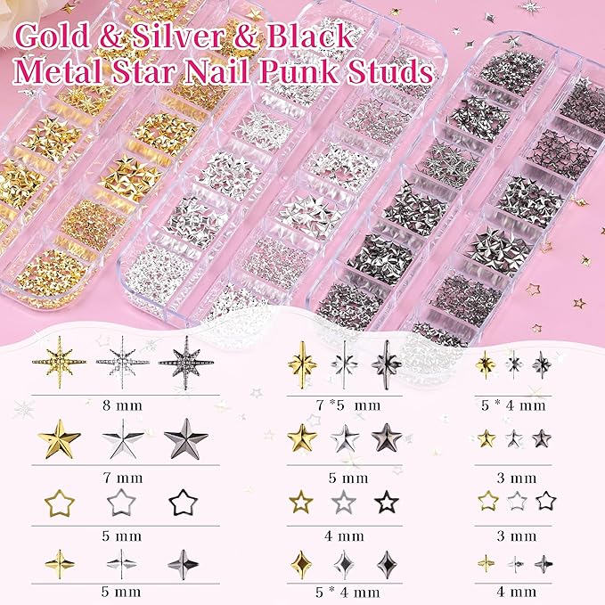 6 Boxes 3D Metal Nail Art Charms, Gold Silver Black Star Cross Nail Studs Metallic Caviar Beads for Nails Design Y2K Charms Punk Nail Chains Nail Decorations with Tweezers for DIY Manicure Supplies
