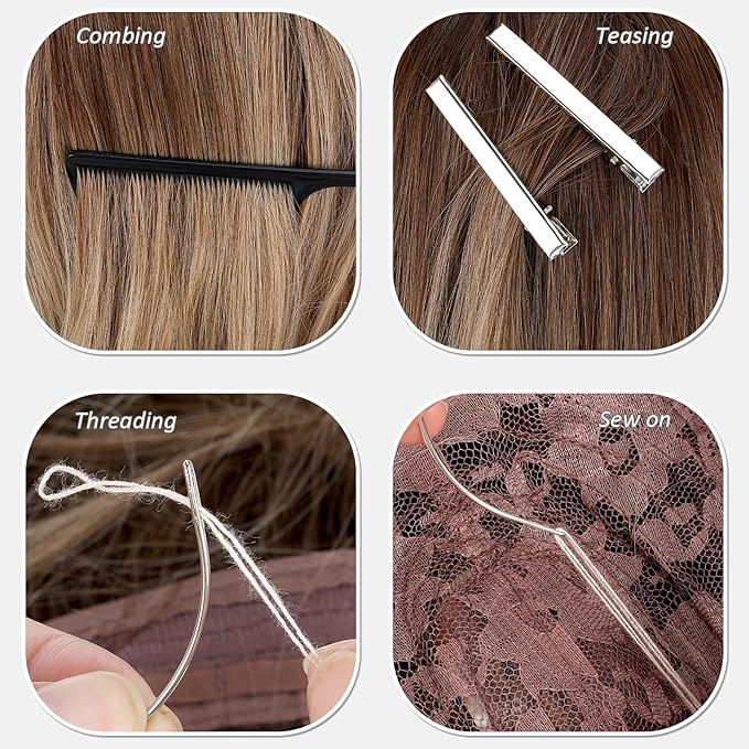 Hair Extension Tools Kit, 600 Silicone Lined Micro Rings, 1 Plier, 2 Hook Needle Pulling Loop, 10 Curved Hair Needle, 4 Metal Hair Clips, 1 Comb, 3 Sewing Threads, 200 Mini Rubber Bands