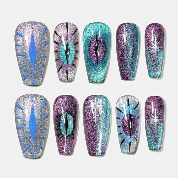 Sun&Beam Nails Handmade Press-on Medium Long Coffin Ballerina Purple Silver Blue Hand-painted Magnet Cool Design Fashionable False Nail Tips 10 Pcs Set (#144 L?