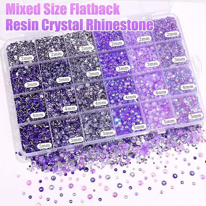 RODAKY 30000PCS Purple Resin Rhinestone Mixed Size AB Rhinestones Bedazzling Kit with 2PCS 10ml B7000 Jewelry Glue Tweezers Pen Making Kit for DIY Craft Clothing Shoes Nail Decor
