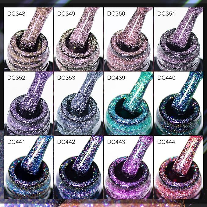 MTSSII Reflective Glitter Gel Polish Set, 12 Colors Gel Nail Polish Set Nails Gel Blue Hot Pink Purple Soak Off Uv Led Gel Nail Polish Kit Nail Gift for Her