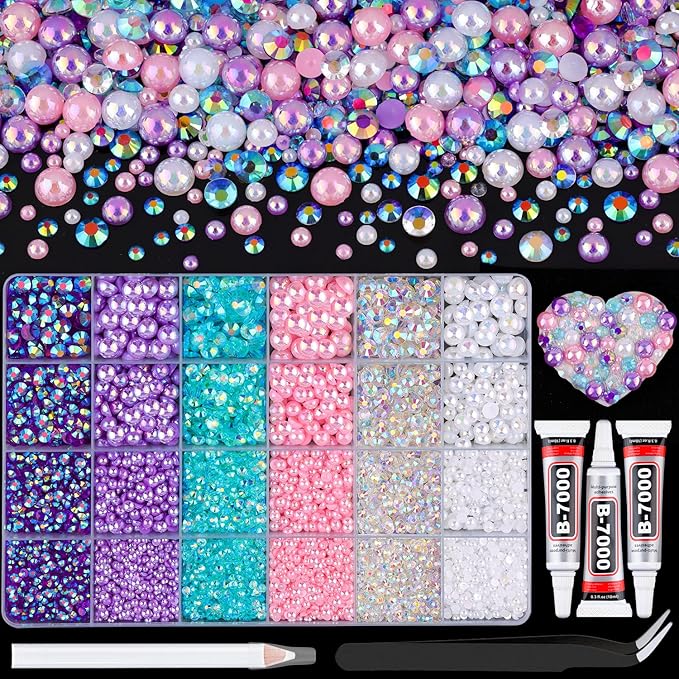 14000Pcs Flatback Pearls and Rhinestones for Crafting, Pink Purple White Mixed Size 3-8mm Resin Rhinestones and Half Pearls for Bedazzling, Nail Art and Decoration with 3pcs B7000 Jewelry Glue