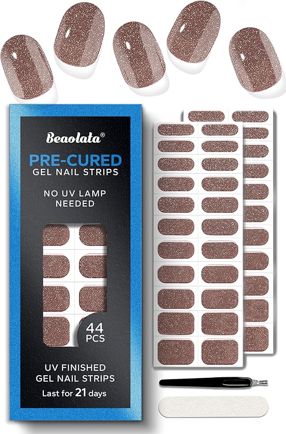 Real Gel Nail Strips (No UV Light Needed) - 44Pcs Salon Quality Nail Stickers - Long Lasting Polish Wraps for Women, Easy Apply & Remove (Liquid Shimmer Gold)