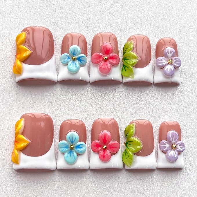 Luxury Press on Nails Short Duck Handmade 3D Unique Reusable ABS Material Fake Nails White French Tip False Nails with Designs Colorful Flower Glossy Glue on Nail Thick Acrylic Nail(M)