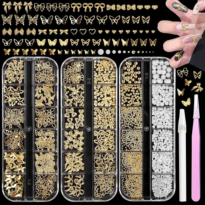 3 Boxes Gold Nail Beads Pearls, Butterfly Bows Alloy Nails Charms Studs, Bowknot Bow Tie Nail Art Jewels, Mix Size Half Round Pearls Carviar Nail Beads Charms Rhinestones for Nails Design DIY Craft