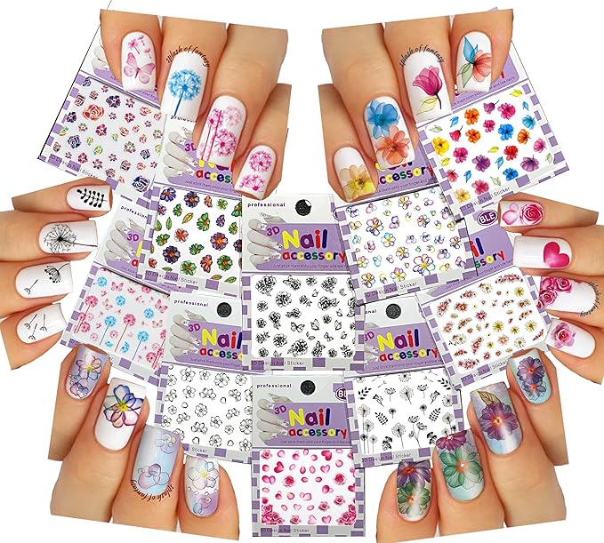 Nail Art 3D Stickers ♥ Colorful Flower Collection of 10 Decals /EE-I/