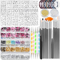 Nail Art Brushes Set,Nail Art Kit for Beginners,Brushes Dotting Pens with Striping Tape,Mini Caviar Beads,Rhinestones,Pearls,Foil Flakes,Sequins,Stickers Manicure Design Tools(Black)