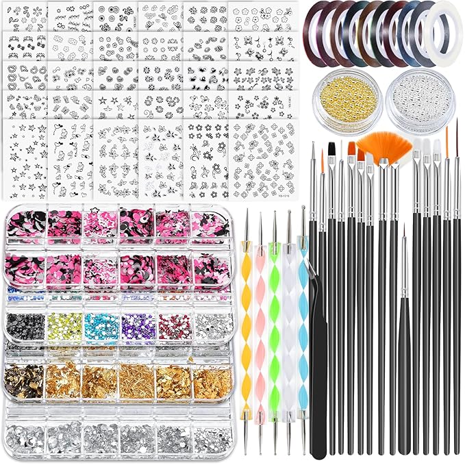 Nail Art Brushes Set,Nail Art Kit for Beginners,Brushes Dotting Pens with Striping Tape,Mini Caviar Beads,Rhinestones,Pearls,Foil Flakes,Sequins,Stickers Manicure Design Tools(Black)