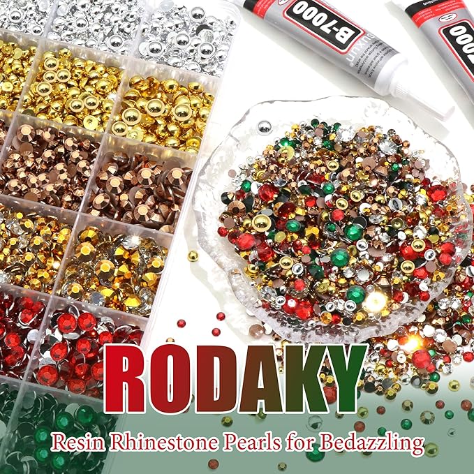 RODAKY 9000PCS Green Red Resin Rhinestones Bedazzling Gems for Craft Gold Silver Flatback Pearls with 2pcs 10ml B7000 Jewelry Glues Tweezers Dotting Pen Christmas Bedazzler Kit