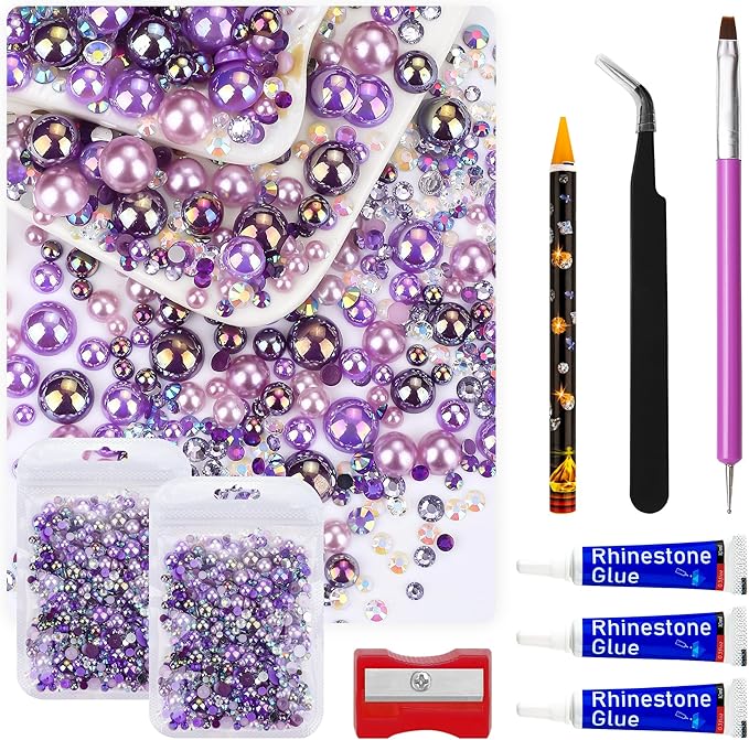 60g Purple AB Flat Back Pearls Rhinestones for Crafts Mixed Size 3mm-10mm AB Color Round Half Pearls Flatback Pearl Beads and Resin Rhinestones Set for Face Art