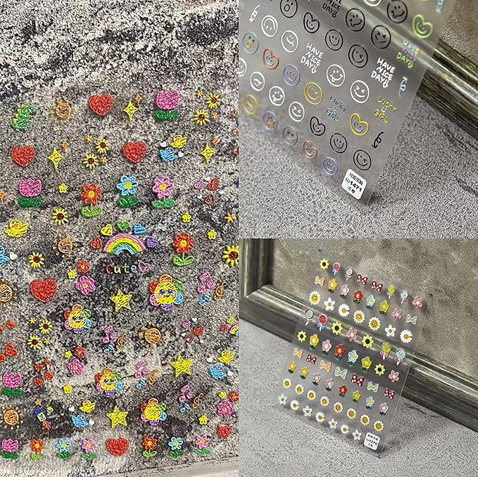 New Sunflower Nail Art Stickers Decals Candy Color Cartoon Sun Flower Colorful Flower Embroidery Self-Adhesive Nail Stickers Cute Nail Stickers Nail Art Decoration (3 Pieces)