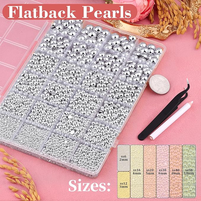 11000Pcs Flatback Pearls for Crafting (Silver), Assorted Size 2/3/4/5/6/8/10mm Non Hotfix Half Pearl, Bedazzling Bead for DIY Crafts Clothing Tumblers Mugs Shoes Fabric Embellishment Nail Art Makeup
