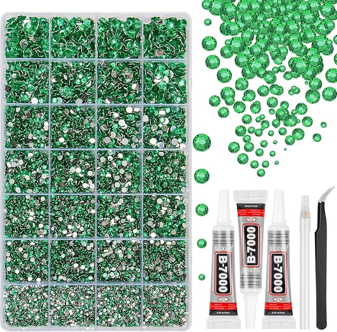 33000Pcs Dark Green Resin Jelly Rhinestones for Bedazzling, 2-6mm Flatback Gems for Diamond Art, Bedazzler Kit with 3Pcs 10ml B7000 Jewelry Glue for Crafting Crafts Nail Art