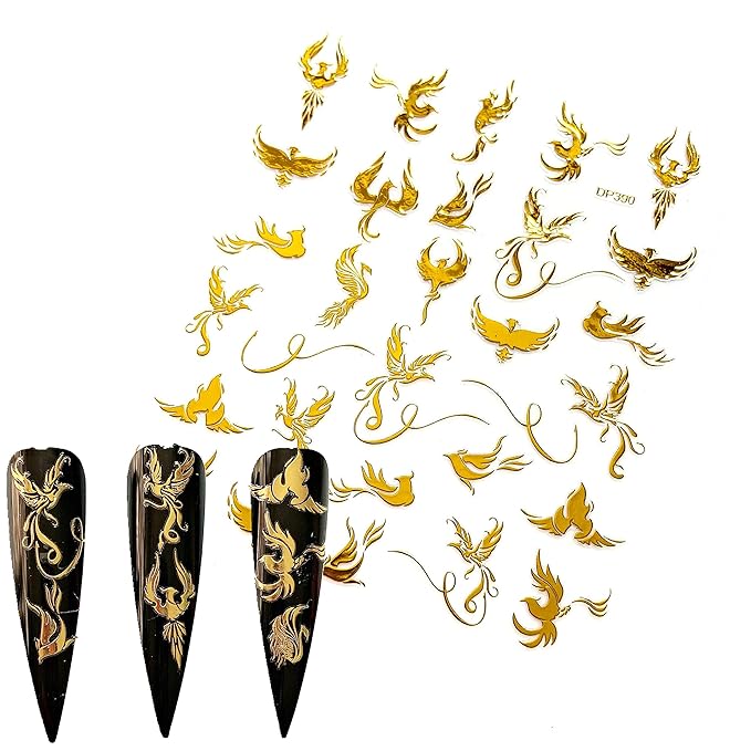 NAIL ANGEL 12Sheets Nail Art Adhesive Sticker Sheets Gold and Rainbow Color Dragon Peacock Phoenix Shapes Nail Art Decoration 10257