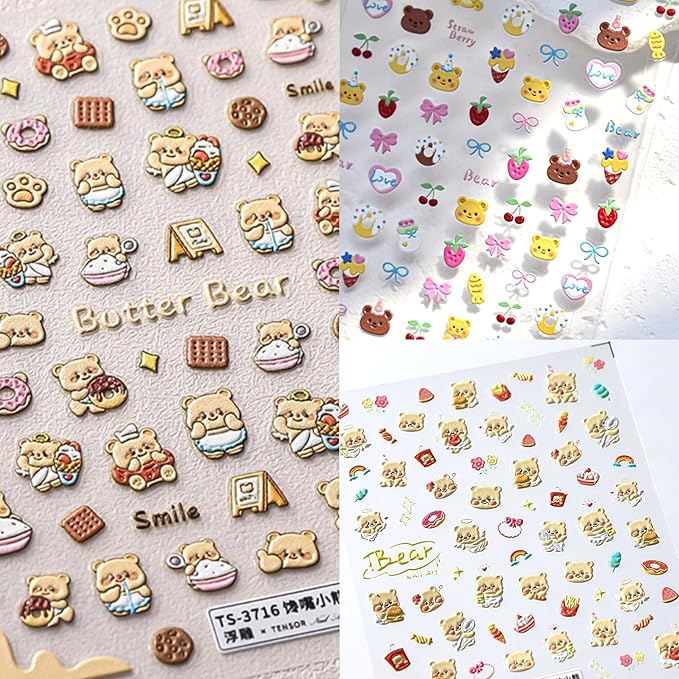 Dedyel Cute Nail Stickers 5D Embossed Cartoon Bear Kawaii Animal Self-Adhesive Nail Decals for Women Girls Kids Nail Art Decoration