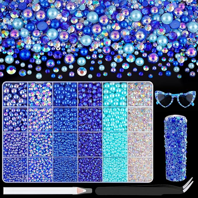 14000Pcs Flatback Pearls and Rhinestones for Crafting, Blue Series Mixed Size 3-8mm Resin Rhinestones and Half Pearls for Bedazzling, Nail Art with Tweezers and Pickup Pencil