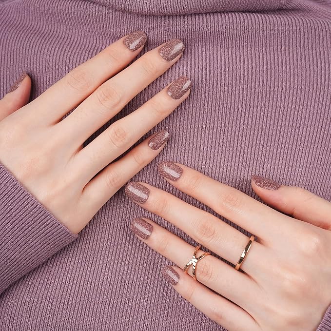 DANNI & TONI Semi Cured Gel Nail Strips Dusty Rose Brown Diamond Powder Gel Nail Stickers 28 Stickers | Mocha Sparkle