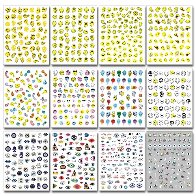 12 Sheets Abstract Smiling Face & Evil Eye Nail Art Stickers, Summer 3D Funny Dripping Melting Smile Self-Adhesive Designs Nail Decals