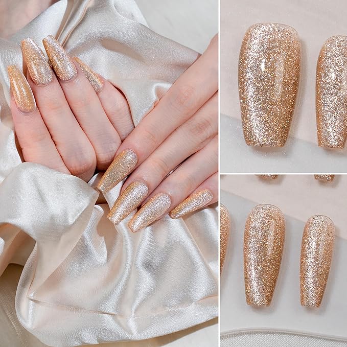 Sun&Beam Nails Handmade Press-on Medium Long Coffin Ballerina Yellow Gold Magnet Design Fashion False Nail Tips 10 Pcs Set (#267 S)