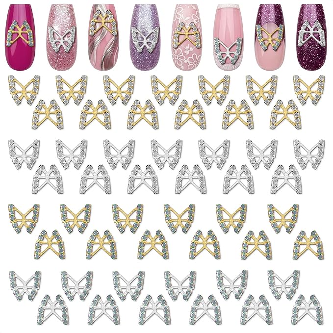50 Pcs Silver & Gold Butterfly Nail Charms - Butterfly Charms for Nails with Sparkling Rhinestones, Detailed 3D Shape, Lightweight Alloy Build - Long-Lasting Shine Accessories for Eye-Catching Looks
