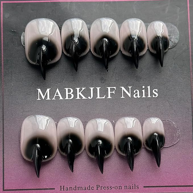 Halloween Press on Nails Luxury Short Stiletto Handmade Cat Claw Unique Reusable ABS Material Black Fake Nails Eagle Claw False Nails Gradient Glossy Glue on Nail Curved Thick Acrylic Nail(M)