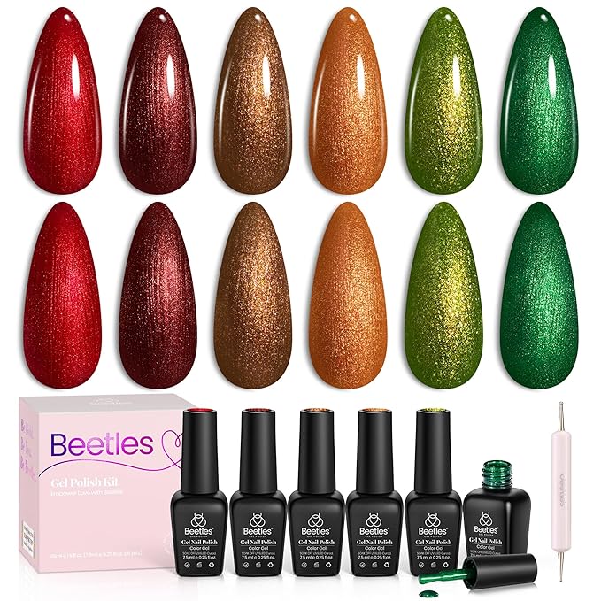 beetles Gel Polish Set - 6 Colors Glitter Brown Orange Red Green Colors Shimmer Nail Drawing Swirl Shell Thread Effect Gel Polish Kit Soak Off Led UV Nail