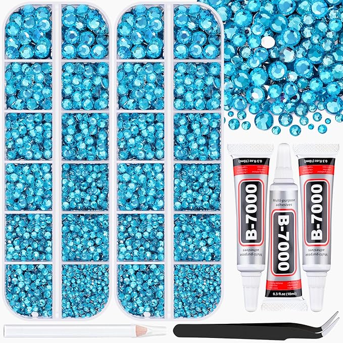 12000Pcs Resin Rhinestones for Bedazzling with 3Pcs B7000 Jewelry Glue, 2 Boxes Indicolite Flatback Rhinestones for Crafting Crafts DIY, Crystals Gems for Clothing Shoes Tumblers Nail Art Makeup