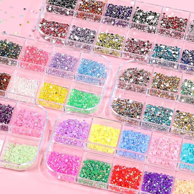 5 Boxes 13200pcs Sparkling Crystal Nail Rhinestones Pearls Kit, Flatback Multicolor Transparent Jelly AB Mermaid Gems with Pick Up Pen and Curved Tweezers for Manicure Salon & Craft DIY Designs (2mm)