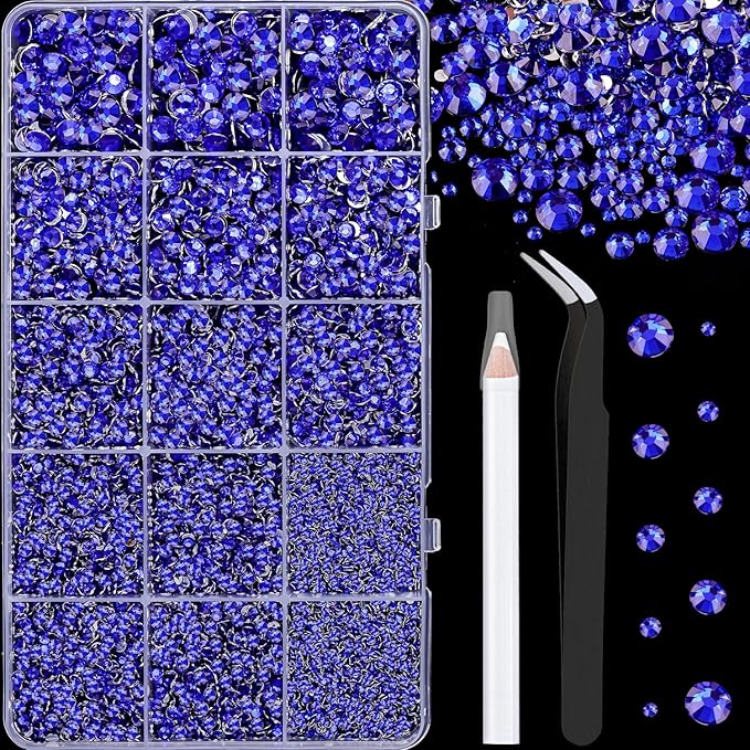 16000Pcs Resin Rhinestones with Tweezers for Crafting, Royal Blue 2-6mm Mixed Sizes Flatback Gems, Bedazzling Crystal for DIY Crafts Clothing Tumblers Mugs Shoes Fabric Nail Art