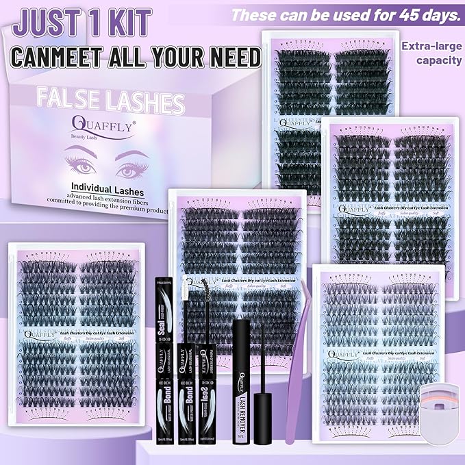 Lash Extension Kit 30-100D Volume Eyelash Extensions Kit 7-16mm Individual Lashes Clusters D Curl with Bond and Seal Remover Tweezers Lash Curler DIY Lashes at Home