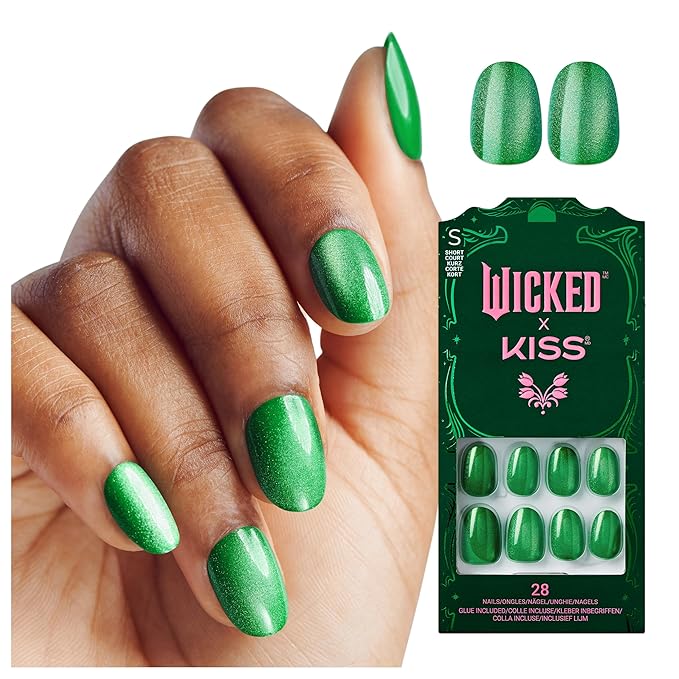 WICKED X KISS Press On Nails, ‘You’re Green?!’, Green, Short Oval, Waterproof, Chip Proof, Smudge Proof, 28 Fake Nails, Pink Gel Nail Glue (2g), Mini Nail File, & Manicure Stick