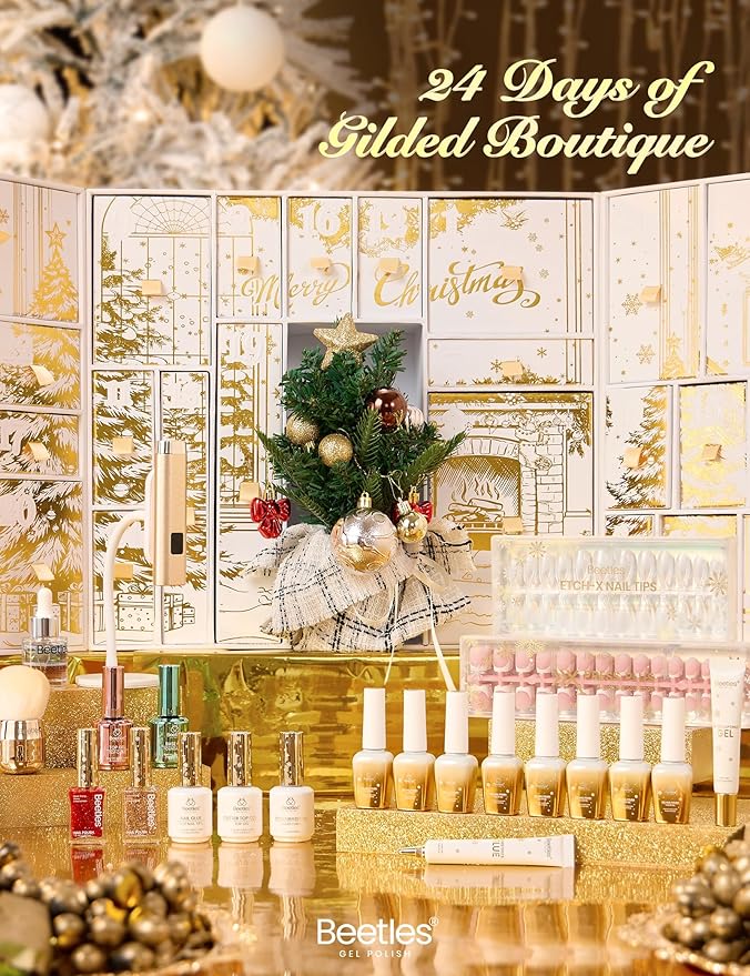 beetles Gel Polish Gilded Boutique Advent Calendar – 24 Luxury Days of Gel Nail Polish Colors, Premium Gifts Box with Cat Eye Gel, Nail Care Tools & Mini UV Lamp for Women Holiday Gifting