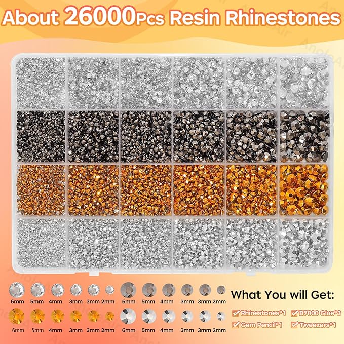 26000PCS Gold Silver Black Flatback Rhinestones for Crafting, Resin Rhinestones for Bedazzling Kit, 2/3/4/5/6mm Flatback Gems Jewels for DIY Mugs Tumblers Clothing Shoes Nail Art