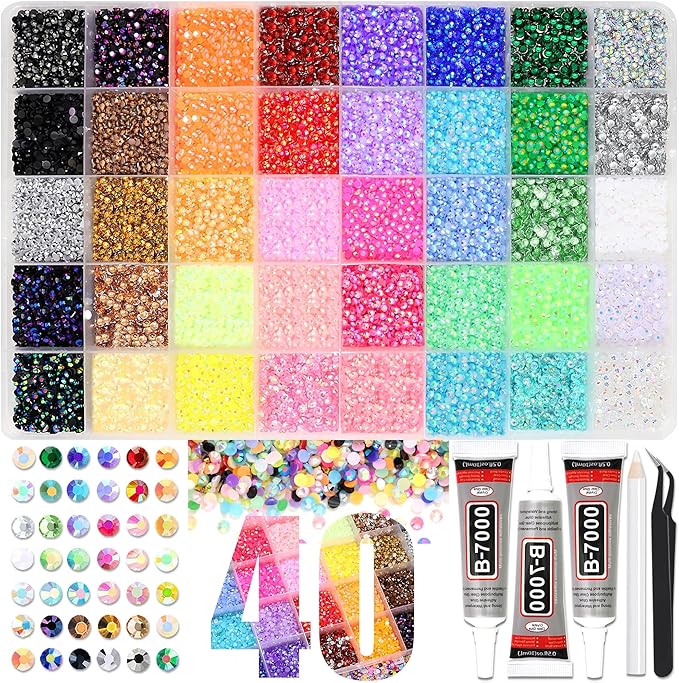RODAKY Jelly Rhinestone for Bedazzling 40 Color Resin Rhinestones 3mm Flatback Gems Crystal Rhinestone Kit with 3Pcs 10ml B7000 Glue Diamond Jewels for Crafting DIY Art