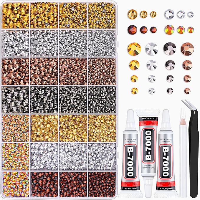 20000Pcs Metallic Rhinestones for Bedazzling with 3Pcs B7000 Jewelry Glue, Resin Rhinestones for Crafting Crafts，Bedazzler Kit Flatback Gems for Clothing Shoes Tumblers Nail Art