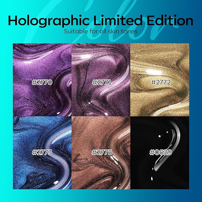 modelones Gel Nail Polish Set, 6 Colors Holographic Colorful Rainbow Glitter Cat Eye Gel Polish Black Purple Blue Green Yellow Coral Pink Nail Polish with Magne Soak Off LED Manicure DIY Gift
