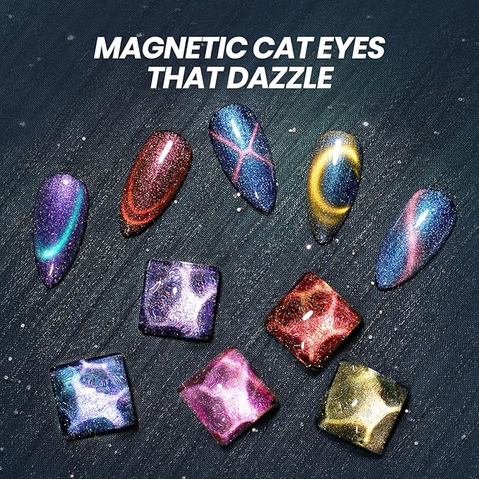 Beetles Cat Eye Gel Nail Polish Set - 6 Colors Chameleon Cat Eye Black Glitter Blue Pueple Pink Red Gel Polish with Magnet Soak Off UV Velvet Gel Galaxy Glitter Collection Salon Gift for Women
