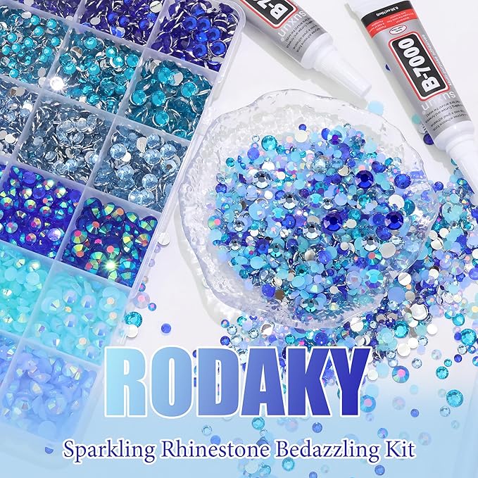 RODAKY Blue Rhinestone Flatback Gems for Bedazzling 3/4/5/6mm Crystal Rhinestones 2PCS 10ml B7000 Jewelry Glue Tweezers Pen Making Kit for DIY Craft Clothing Shoes