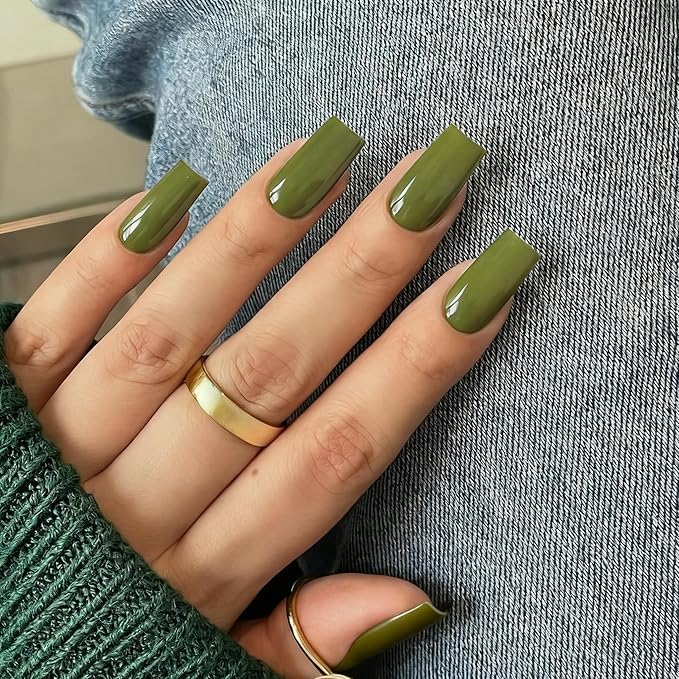 KQueenest Olive Green Press on Nails Long Medium Square, Sage Green Fake Nails Medium Coffin, Glossy Sheer Color Acrylic Nails Press ons, Reusable Soft Gel Glue on Nails for Women Fall Winter