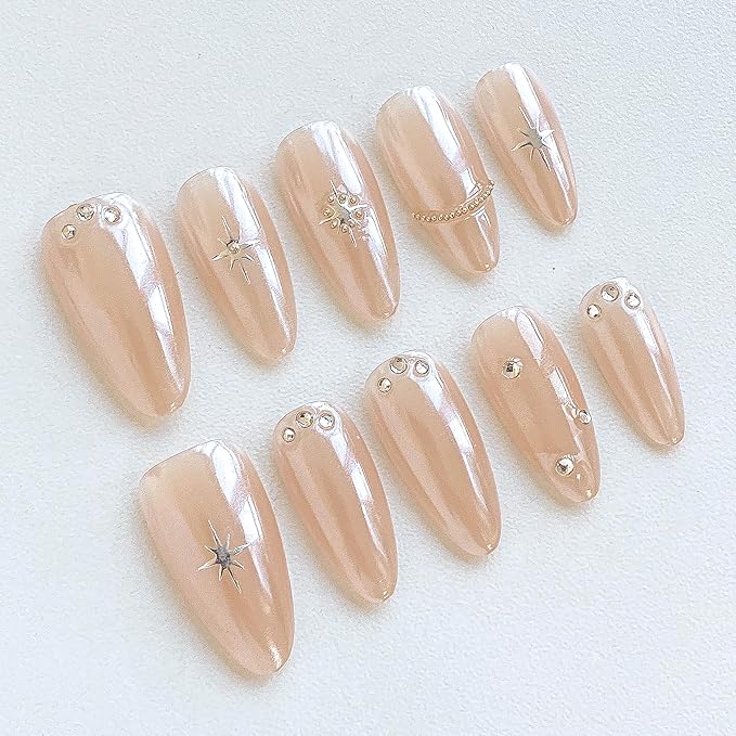 Almond Press-On Nails, Nude with Crystal Rhinestones and Star Design, Handmade False Nail 10 Pieces (Large, Almond)