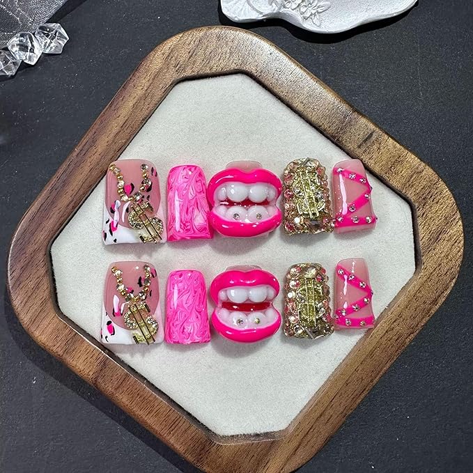 Short Press on Nails Duck Luxury Handmade Fake Nails French Tip False Nails 5D Charms and Rhinestone Design 100% Handmade Rose Pink Full Cover Stick on Nail for Women (Size M)