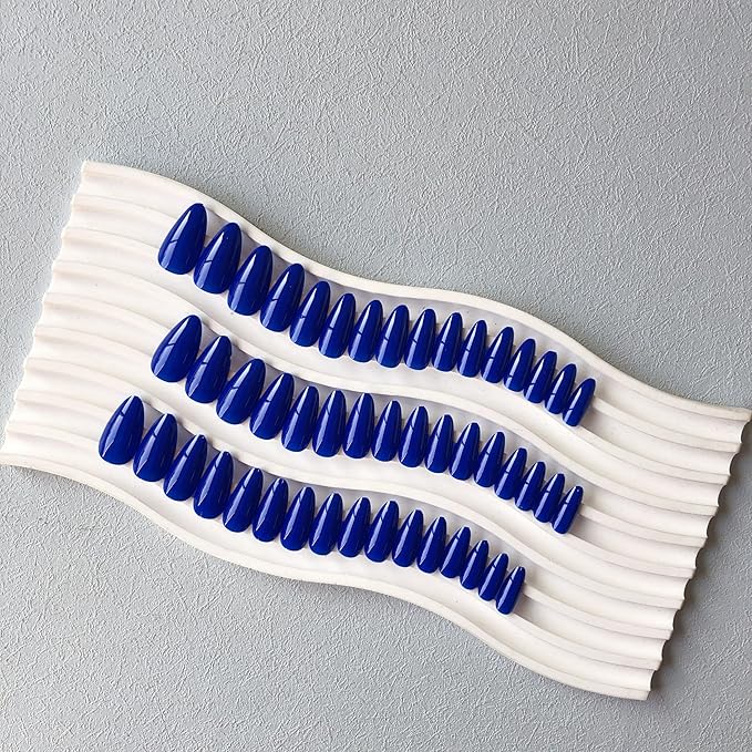 Royal Blue Press on Nails Almond Shaped 48Pcs Neutral Thick Fake Nails for Women, Medium Almond Nails Press on Reusable Acrylic Nails Glue on Medium Length Stiletto False Nails Gel Artificial Nails