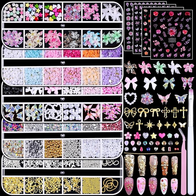5 Boxes Gold & Silver Metal Nail 3D Punk Studs Flower Petals Heart Bows Star Pearls Rhinestones Nail Charms Nail Art Jewels with Tweezers and Nail Brush and Wax Pen Picker (10-multishapes charms)