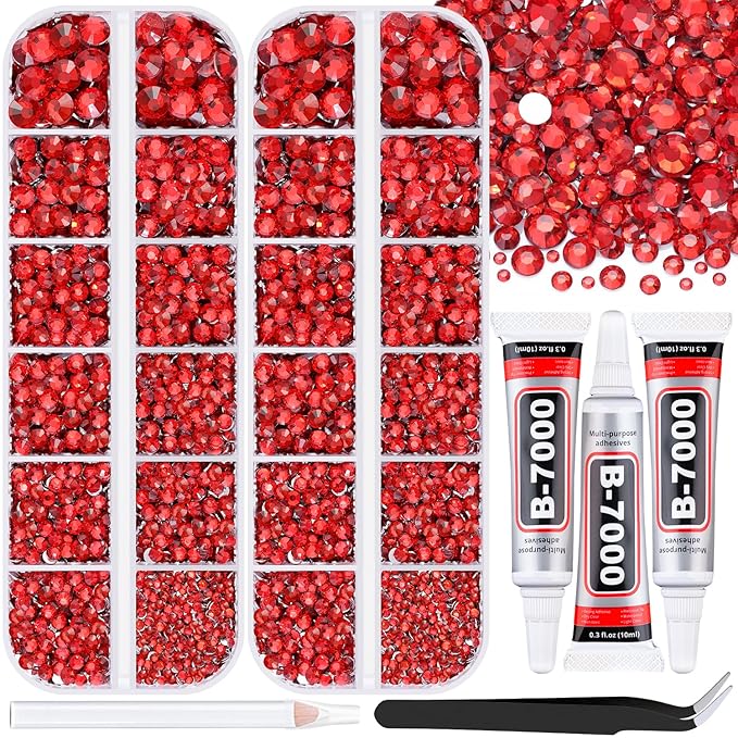 12000Pcs Resin Rhinestones for Bedazzling with 3Pcs B7000 Jewelry Glue, 2 Boxes Red Flatback Rhinestones for Crafting Crafts DIY, Crystals Gems for Clothing Shoes Tumblers Nail Art Makeup