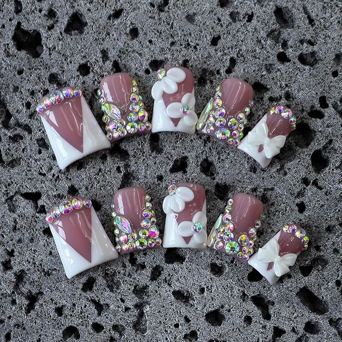 Handmade Press on Nails Rhinestones Press on Nails Short Duck Shaped Fake Nail White French Acrylic Nails Full Cover Reusable Flower False Nail for Women Girls Nail Accessories (Size S)